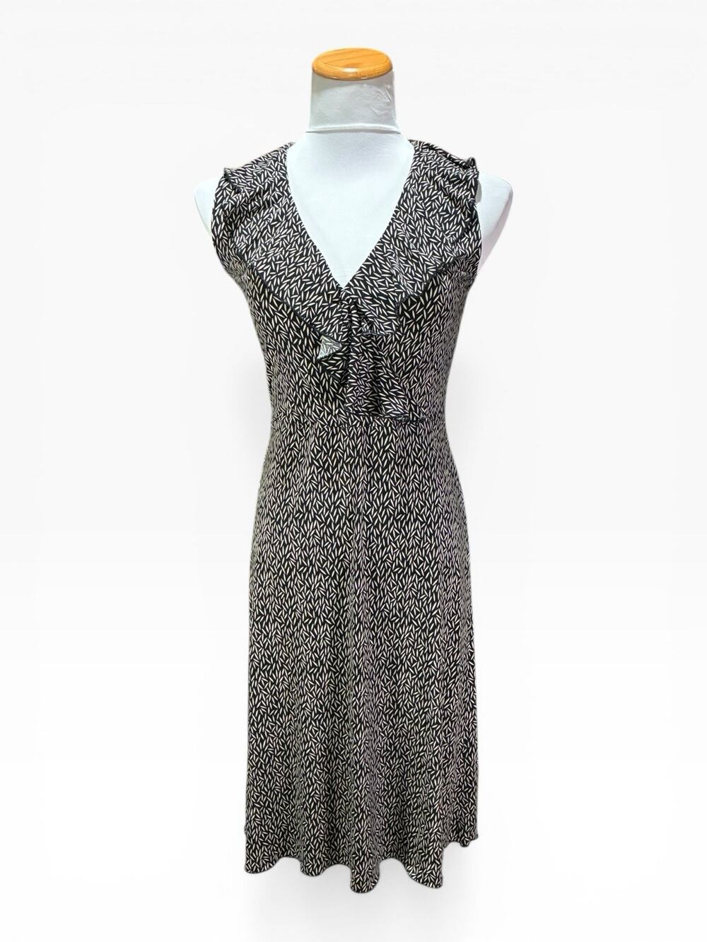 Black & White Print sleeveless stretch Deep V Faux Wrap dress, XS P